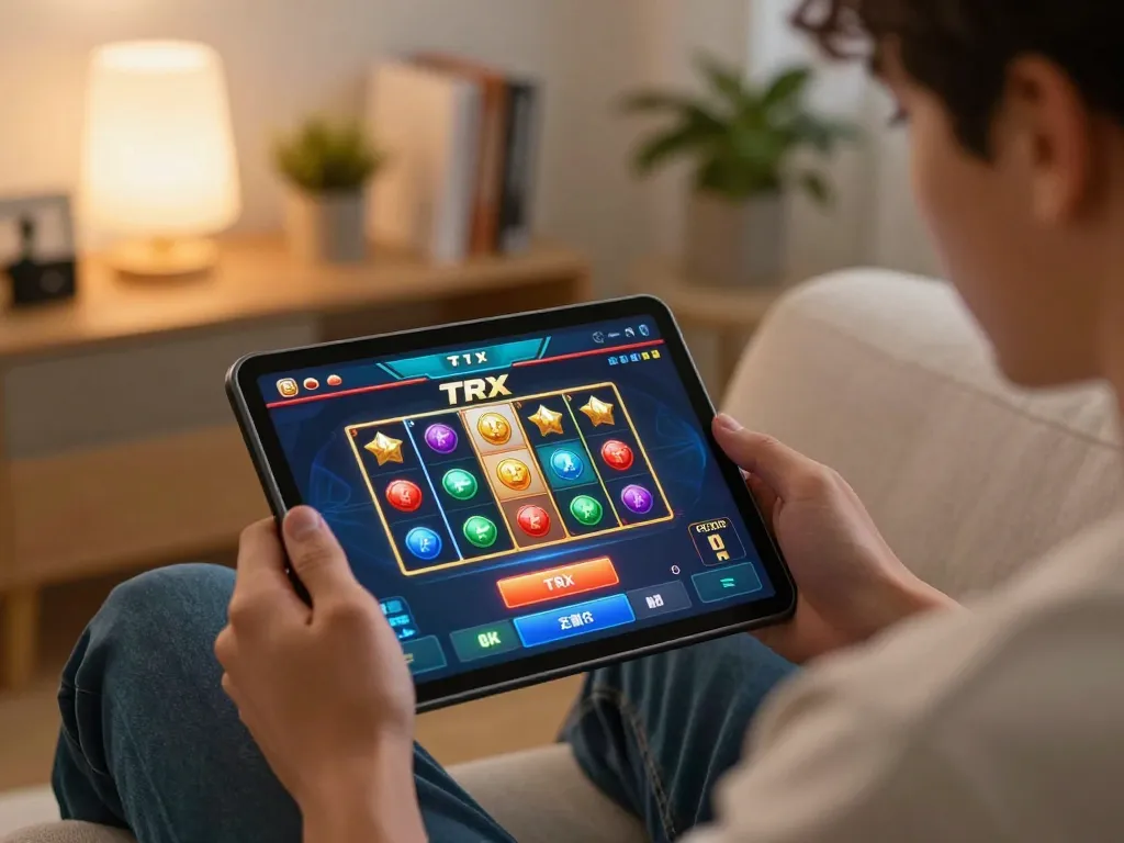 Engaging in TRON gambling with a tablet, highlighting strategic online betting in a cozy home setup.