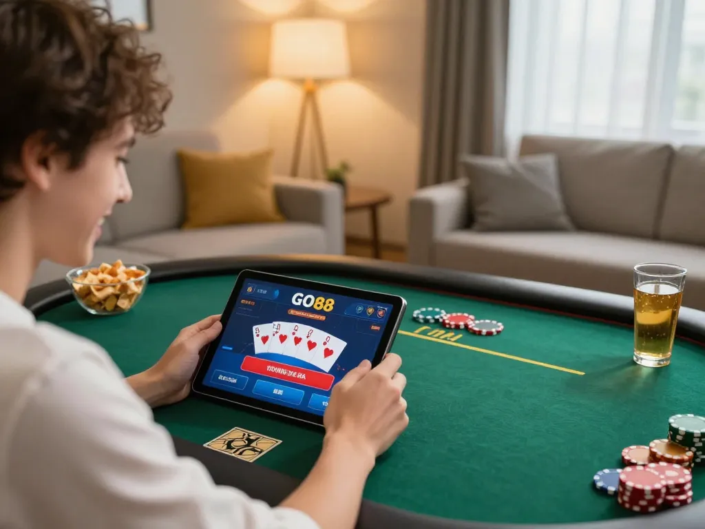 Engaging gameplay on the GO88 app with a smiling user enjoying poker in a cozy room.