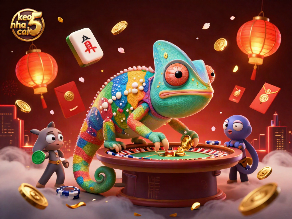 Engage with keo nha cai 5, showcasing vibrant casino elements under a dynamic chameleon casino owner.
