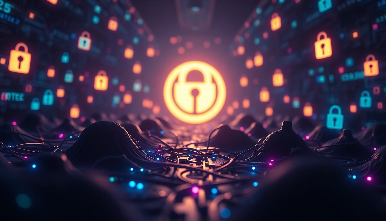 The Hidden Wiki URL illustrated in a mysterious dark web landscape with glowing onion and cryptographic symbols representing online privacy.