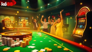 Experience the thrill of kèo bet88 at an immersive casino table featuring chips and cards.