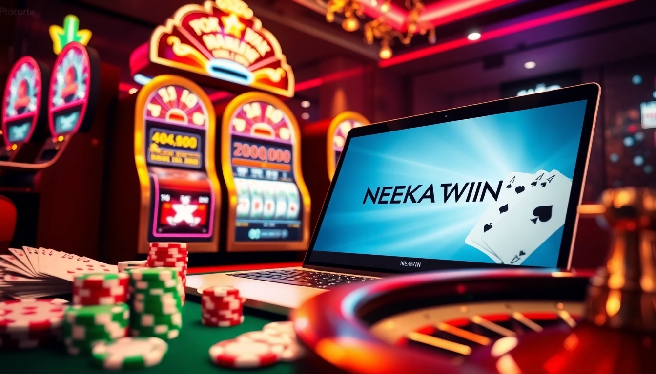 Engaging NEKATWIN online casino interface with vibrant slot machines and poker chips.