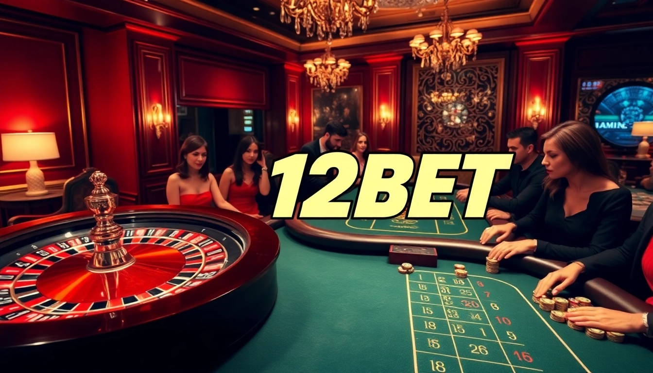 12BET players enjoying a thrilling roulette game at a luxurious casino.