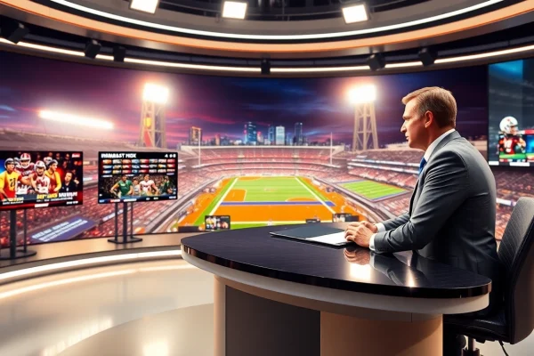 Engaging sports broadcasting scene with a dynamic anchor and vibrant backdrop showcasing Sports Broadcasting.
