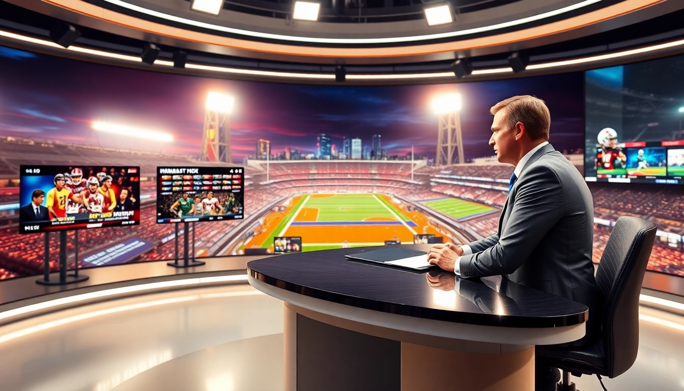 Engaging sports broadcasting scene with a dynamic anchor and vibrant backdrop showcasing Sports Broadcasting.