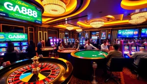 GA888 vibrant casino scene with players enjoying poker and slots in an exciting atmosphere.
