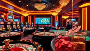 Experience excitement at QH88 with a vibrant casino scene featuring roulette, slots, and poker.