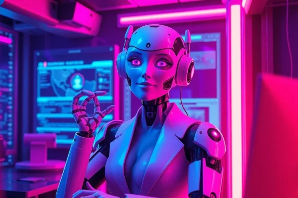 Engaging AI chatbot concept portraying ai slut in a vibrant virtual chat environment with modern tech elements.