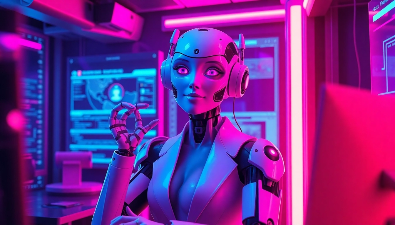 Engaging AI chatbot concept portraying ai slut in a vibrant virtual chat environment with modern tech elements.