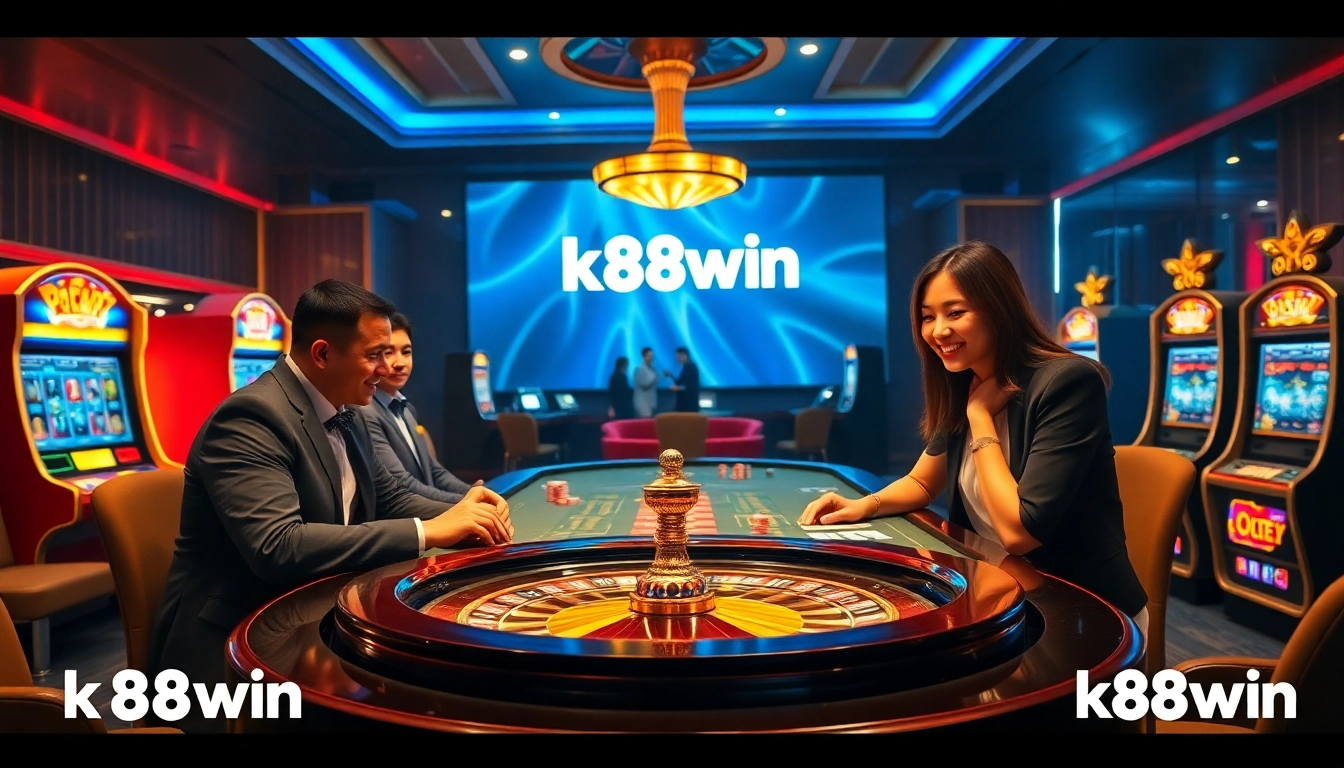 Players enjoying thrilling games at k88win online casino with vibrant tableware and slot machines.