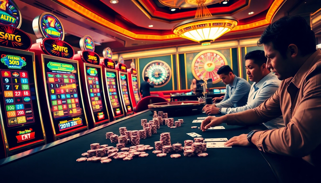 Excited players engaging with vibrant slot777 machines in a luxurious casino atmosphere, showcasing thrilling gameplay.