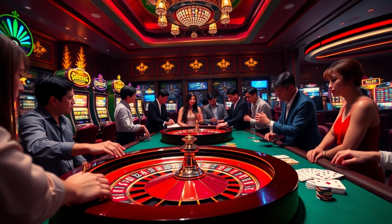 Players enjoying a thrilling casino experience featuring vn88a.app with roulette, poker, and slot machines.