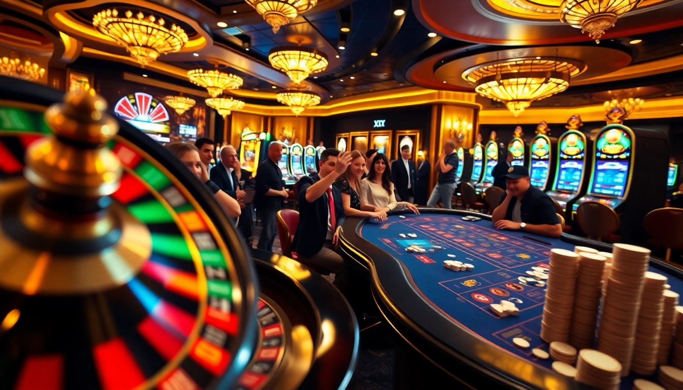 Casino scene showcasing players engaging with XX 88 games, surrounded by vibrant lights and excitement.