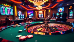 Engaging casino scene showcasing nhà cái xx88 with players at a roulette table and vibrant poker chips.