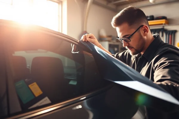 Apply window tint near me with a skilled technician working meticulously on a car.