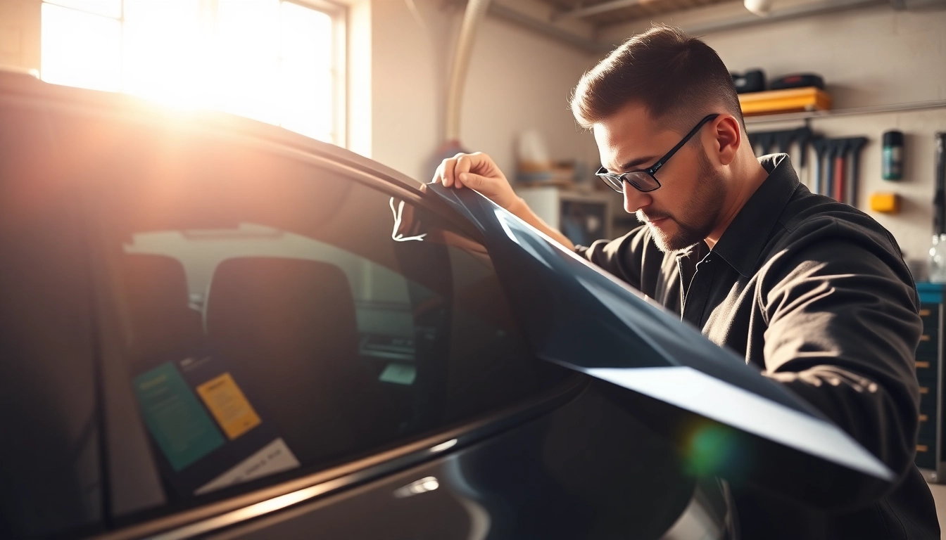 Apply window tint near me with a skilled technician working meticulously on a car.