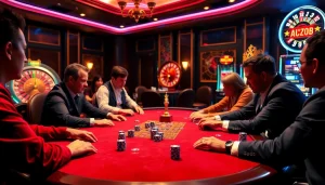 Intense poker game at nhà cái rr88 with stacked chips and a roulette wheel in vibrant casino atmosphere.