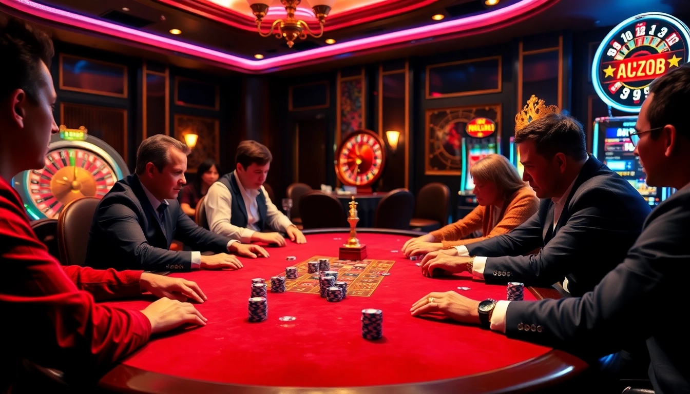 Intense poker game at nhà cái rr88 with stacked chips and a roulette wheel in vibrant casino atmosphere.