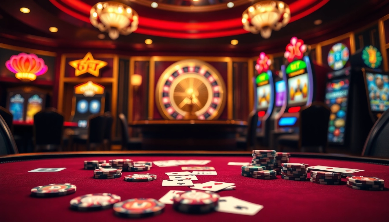 Experience the thrill of gambling with 6FF at a luxurious poker table, complete with vibrant chips and cards.