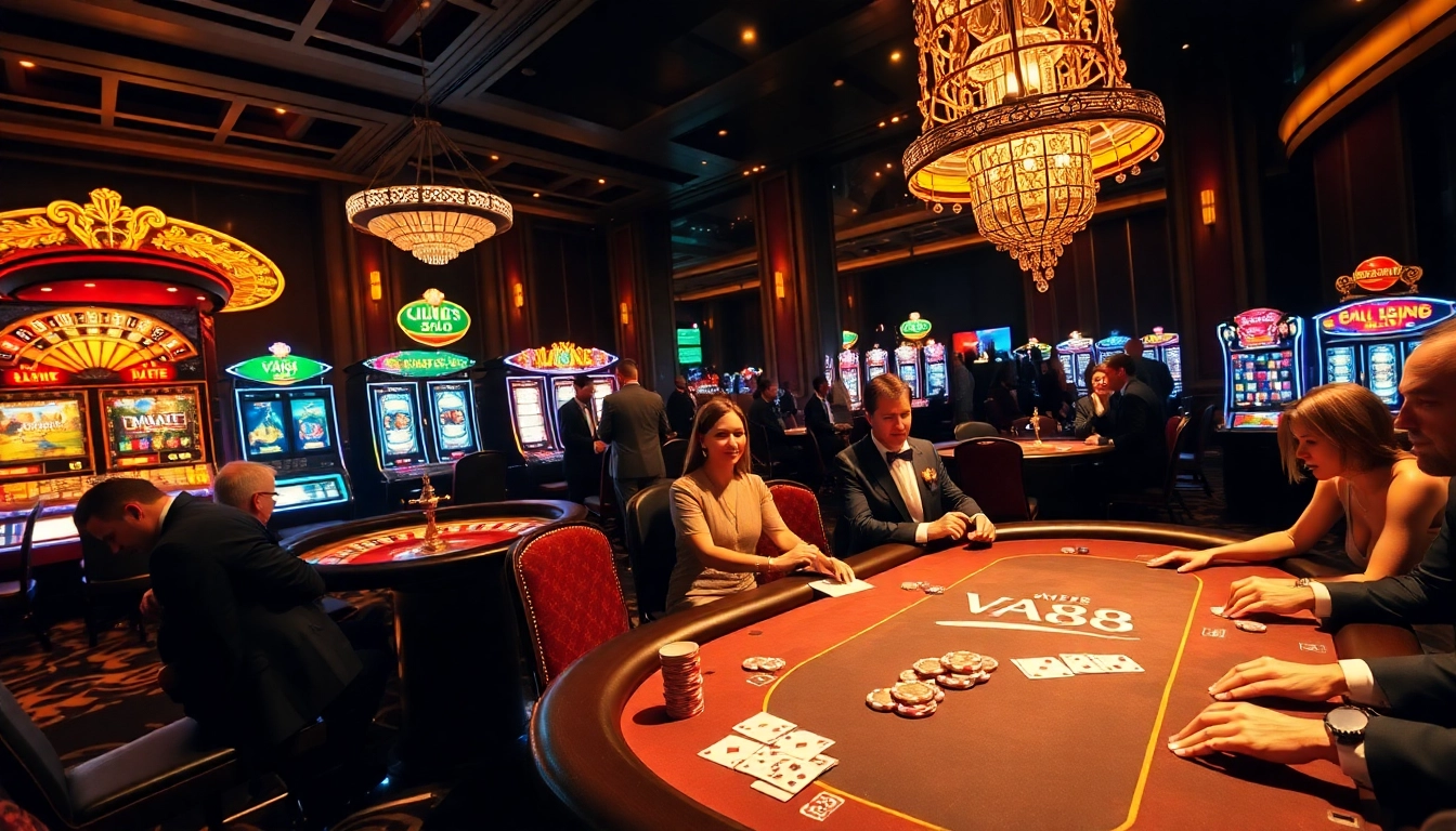 Experience high-stakes poker at VA88's luxurious casino, featuring elegant players and vibrant decor.