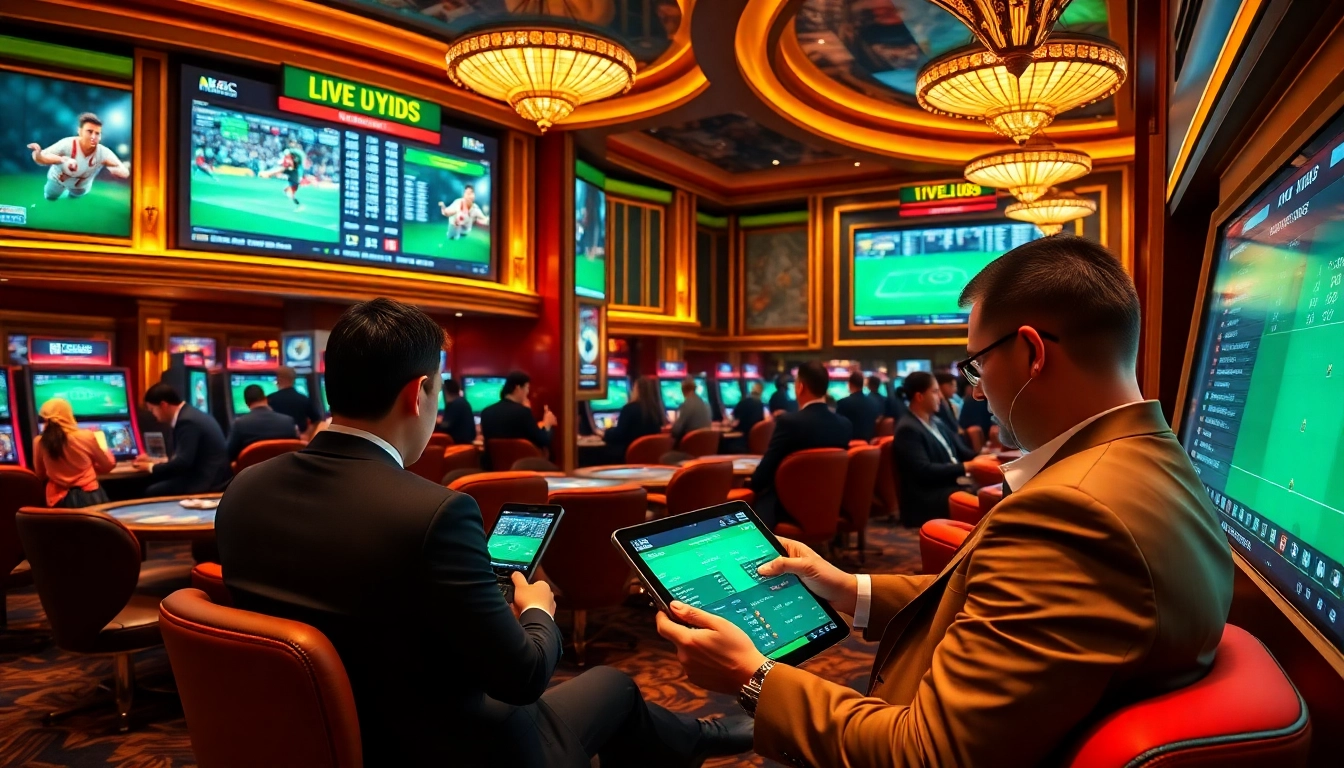 Betting on แทงบอลโลก in a luxurious sports betting area with live screens and elegant decor.