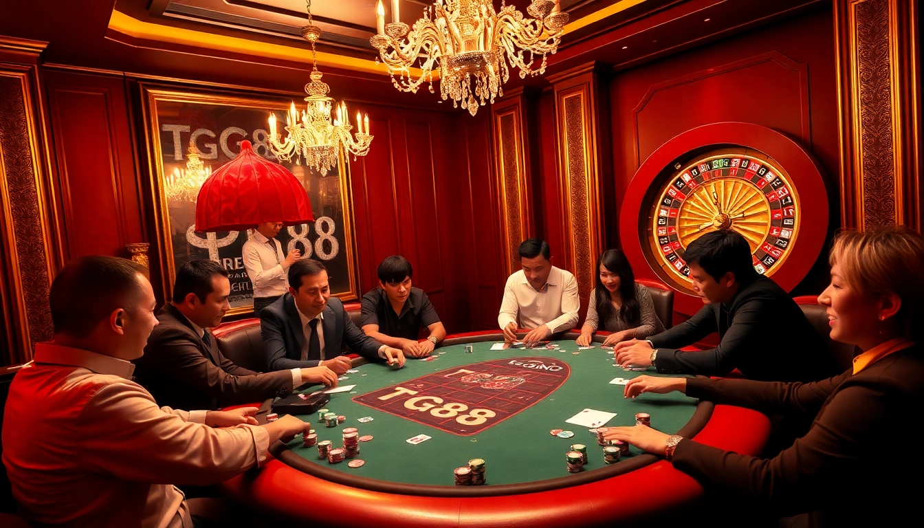 Dynamic TG88 poker game scene with vibrant chips and cards in an elegant casino setting.