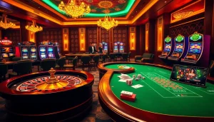 Experience rr88 đăng nhập with a vibrant online casino scene, featuring roulette and poker tables.