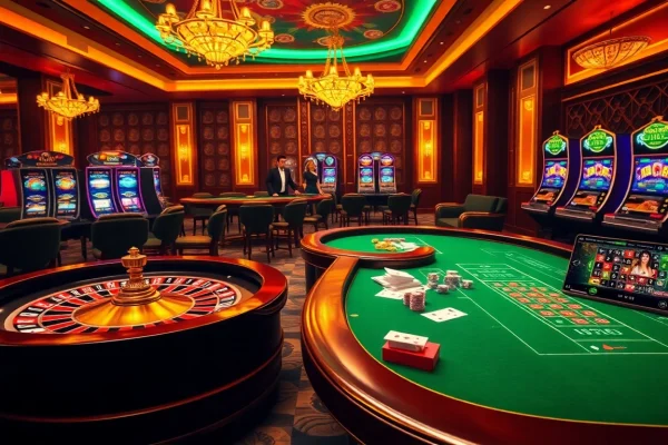 Experience rr88 đăng nhập with a vibrant online casino scene, featuring roulette and poker tables.