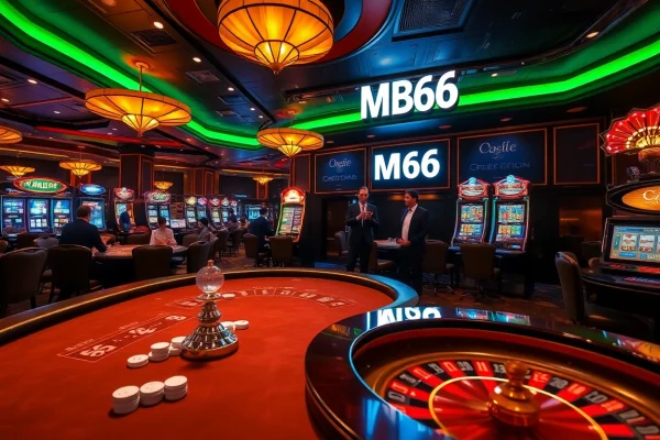 Players strategizing at a poker table in a luxurious casino themed around MB66.