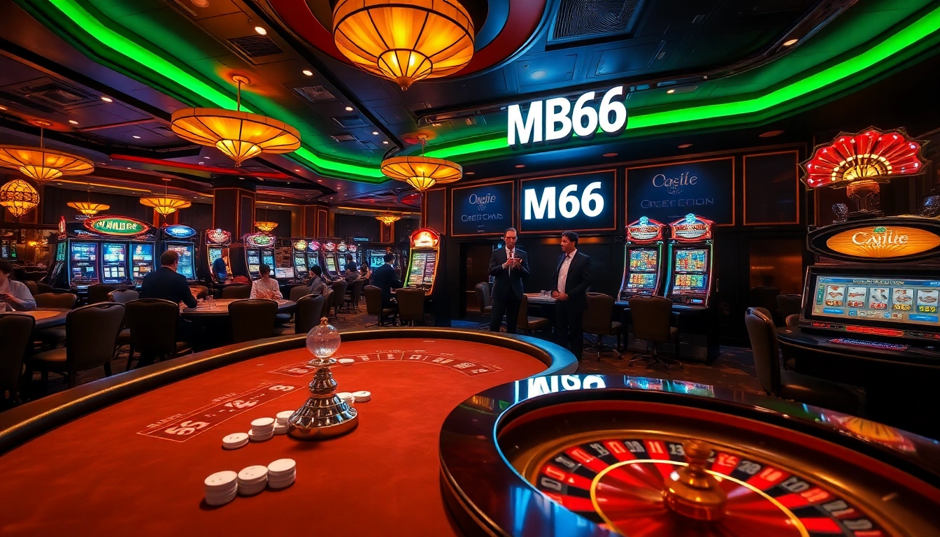 Players strategizing at a poker table in a luxurious casino themed around MB66.