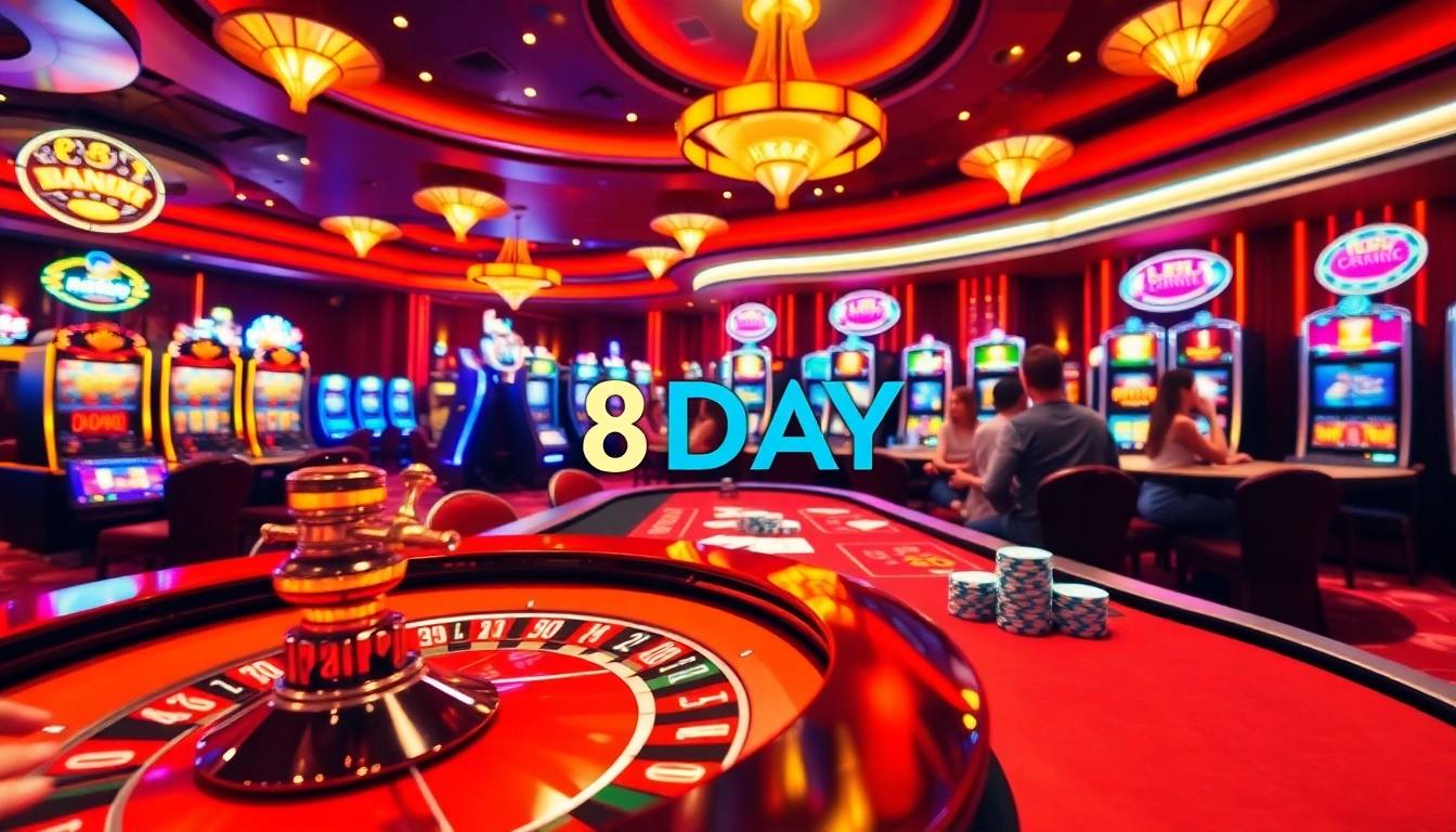 Winning at the 8DAY casino with vibrant slot machines and a lively poker table.