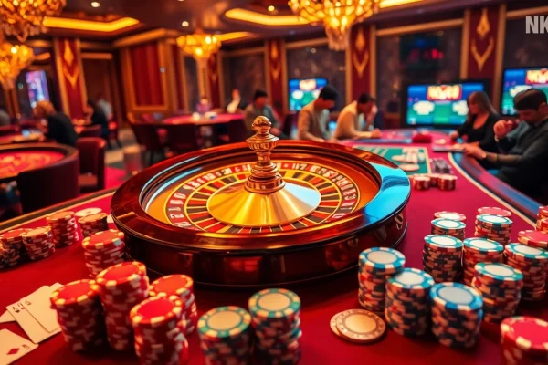 Experience thrilling gameplay at NK88 poker table with vibrant chips and cards.