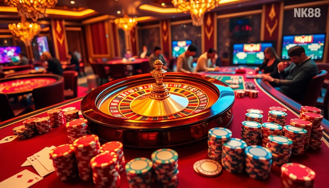 Experience thrilling gameplay at NK88 poker table with vibrant chips and cards.