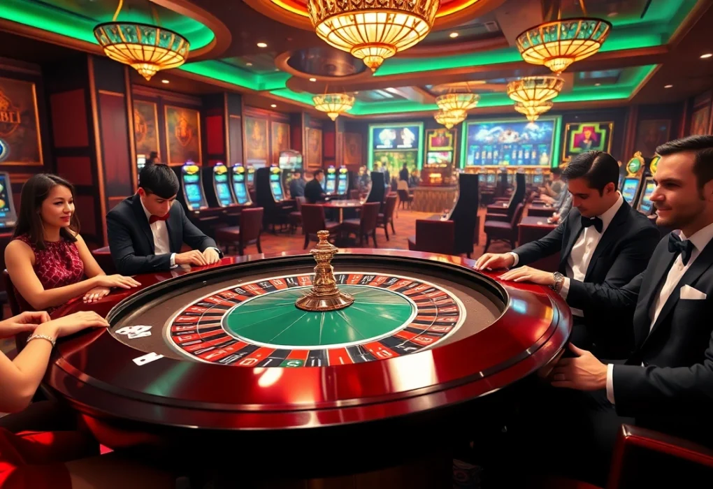 Experience excitement at the j88 roulette table with players placing bets in a glamorous casino.