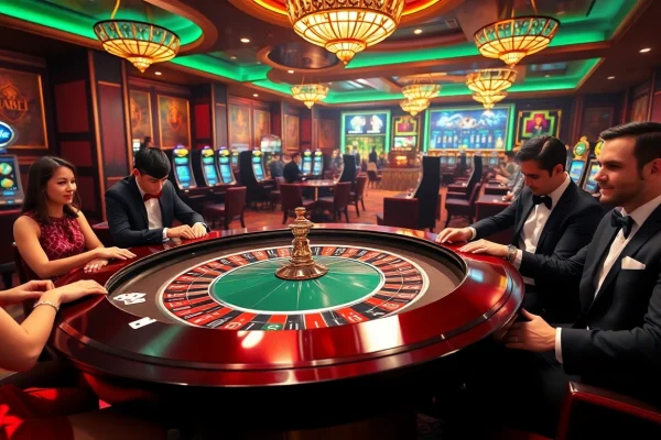 Experience excitement at the j88 roulette table with players placing bets in a glamorous casino.