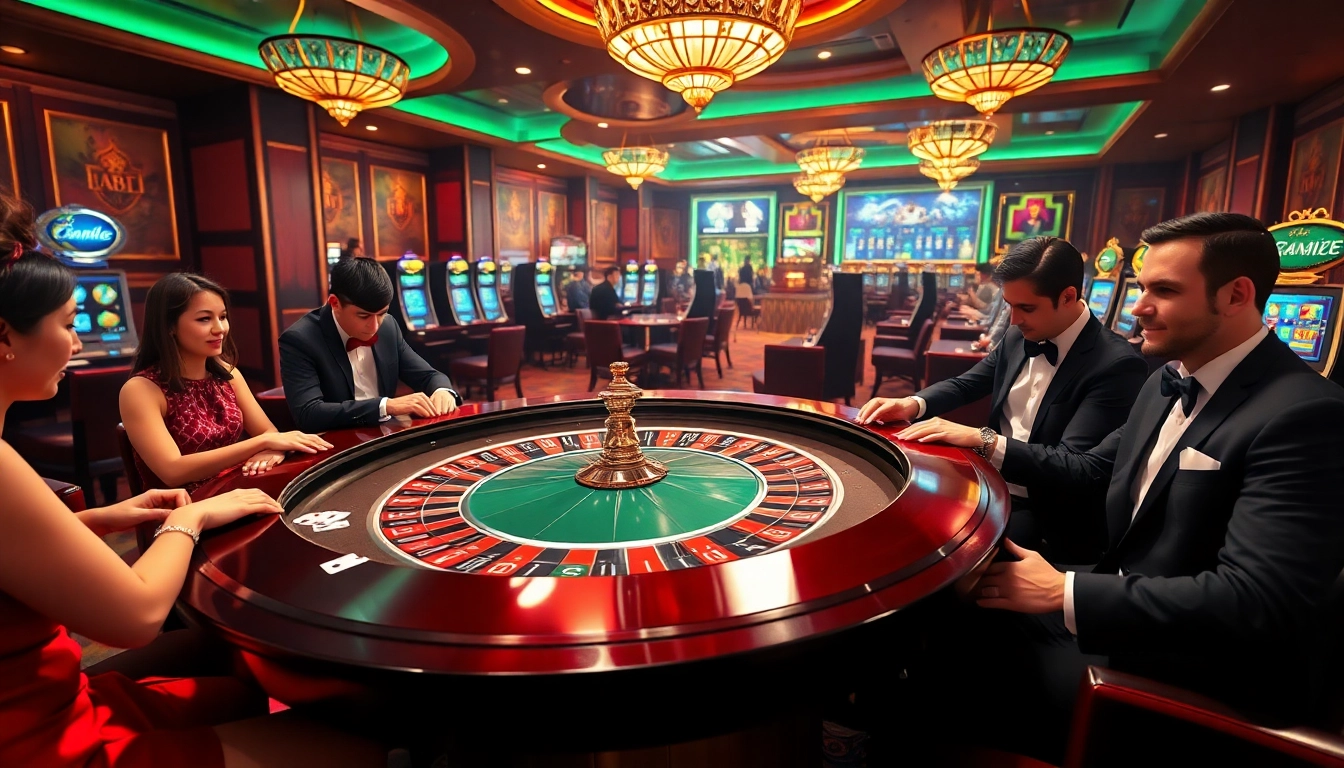 Experience excitement at the j88 roulette table with players placing bets in a glamorous casino.