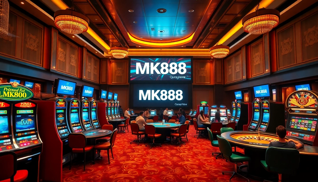 Players enjoying the thrill of gambling at MK888 casino, featuring vibrant slot machines and poker tables.