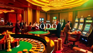 SODO CASINO showcases a luxurious gaming experience with roulette, poker, and vibrant slot machines.