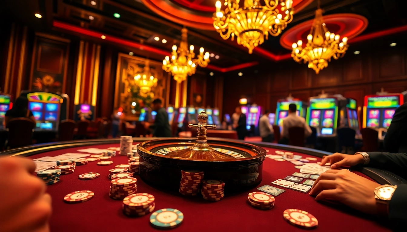 Bongdalu casino scene showcasing players at a high-stakes poker table amidst vibrant slot machines.