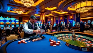 Exciting casino scene with blackjack tables showcasing thrilling Okking gaming atmosphere.