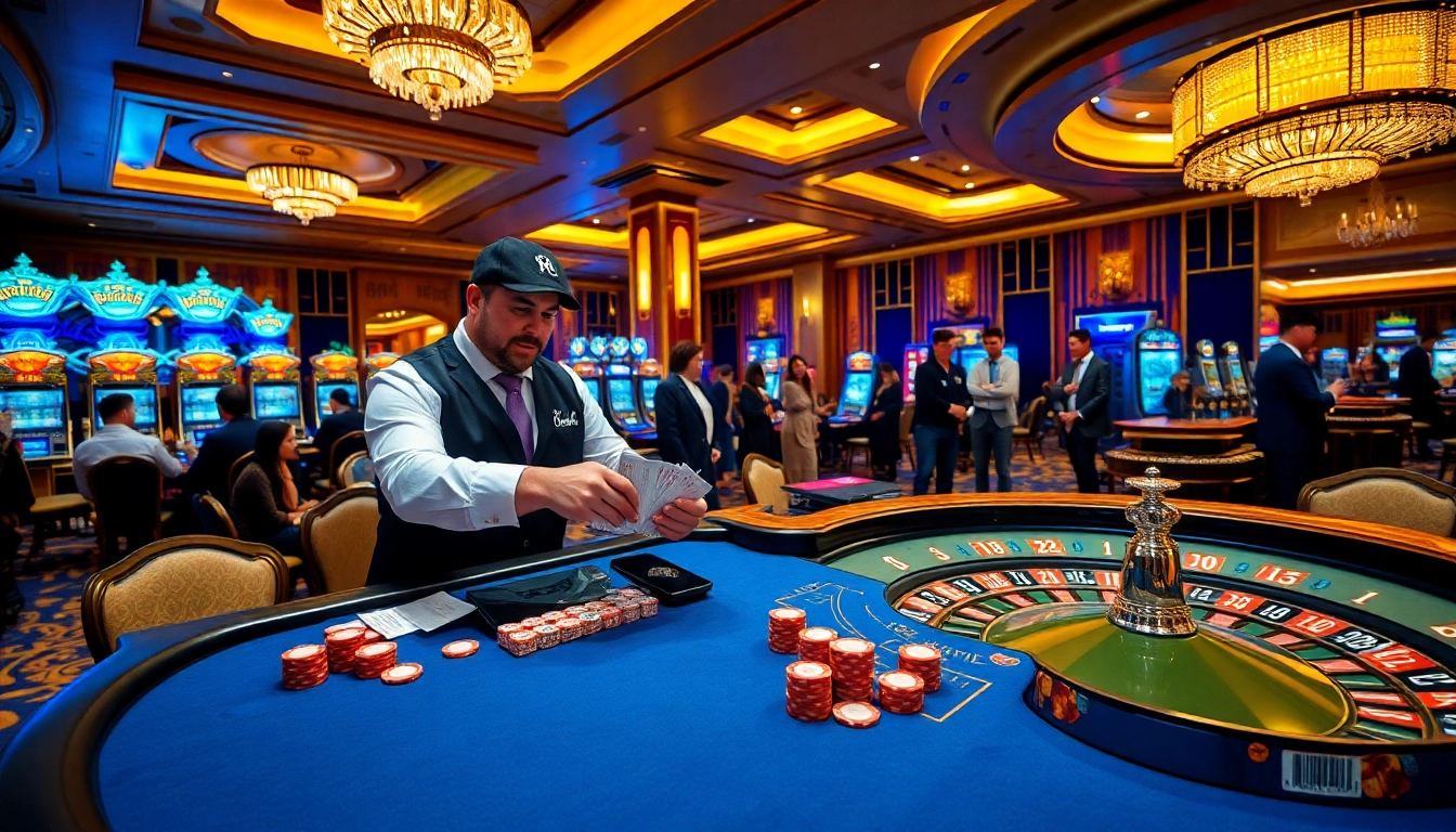 Exciting casino scene with blackjack tables showcasing thrilling Okking gaming atmosphere.