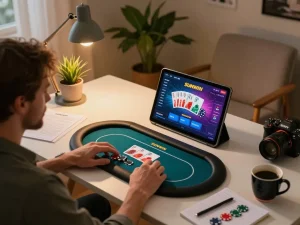 Player enjoying SUNWIN poker game on a tablet in a cozy home setting.