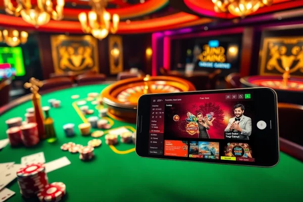 Experience thrilling gameplay at Jun888's luxurious casino table with vibrant poker chips and cards.