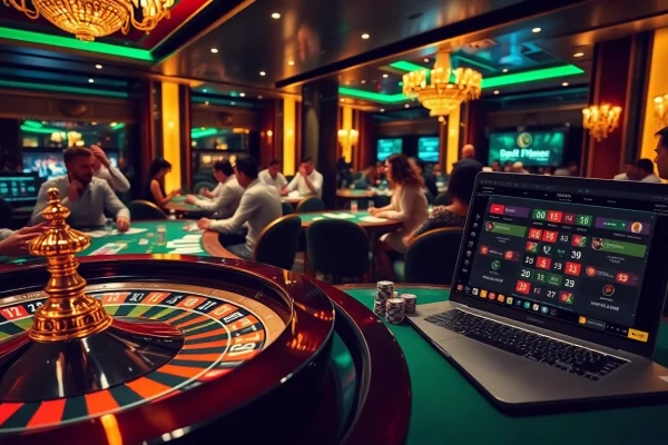 Engaged bettors place Taruhan Bola bets at a luxurious casino with vibrant decor and thrilling atmosphere.