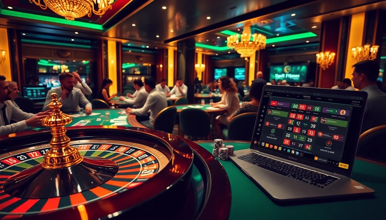 Engaged bettors place Taruhan Bola bets at a luxurious casino with vibrant decor and thrilling atmosphere.