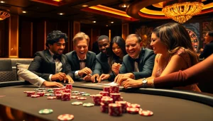 Engaging gamblers at a BDJL-themed casino table, showcasing vibrant poker action.