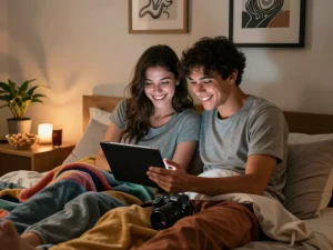 Couple enjoying interactive sex games in a cozy bedroom setting