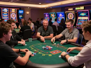 Players engaging in intense poker action on the mm88 platform with vibrant graphics and chips being placed.