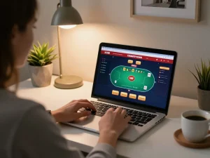 Engaged player using SC88.charity for online poker with a cozy home setting and strategic focus.