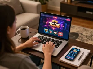 Player engaging with the TG88 online casino app, showcasing a cozy home gaming setup for responsible gambling.